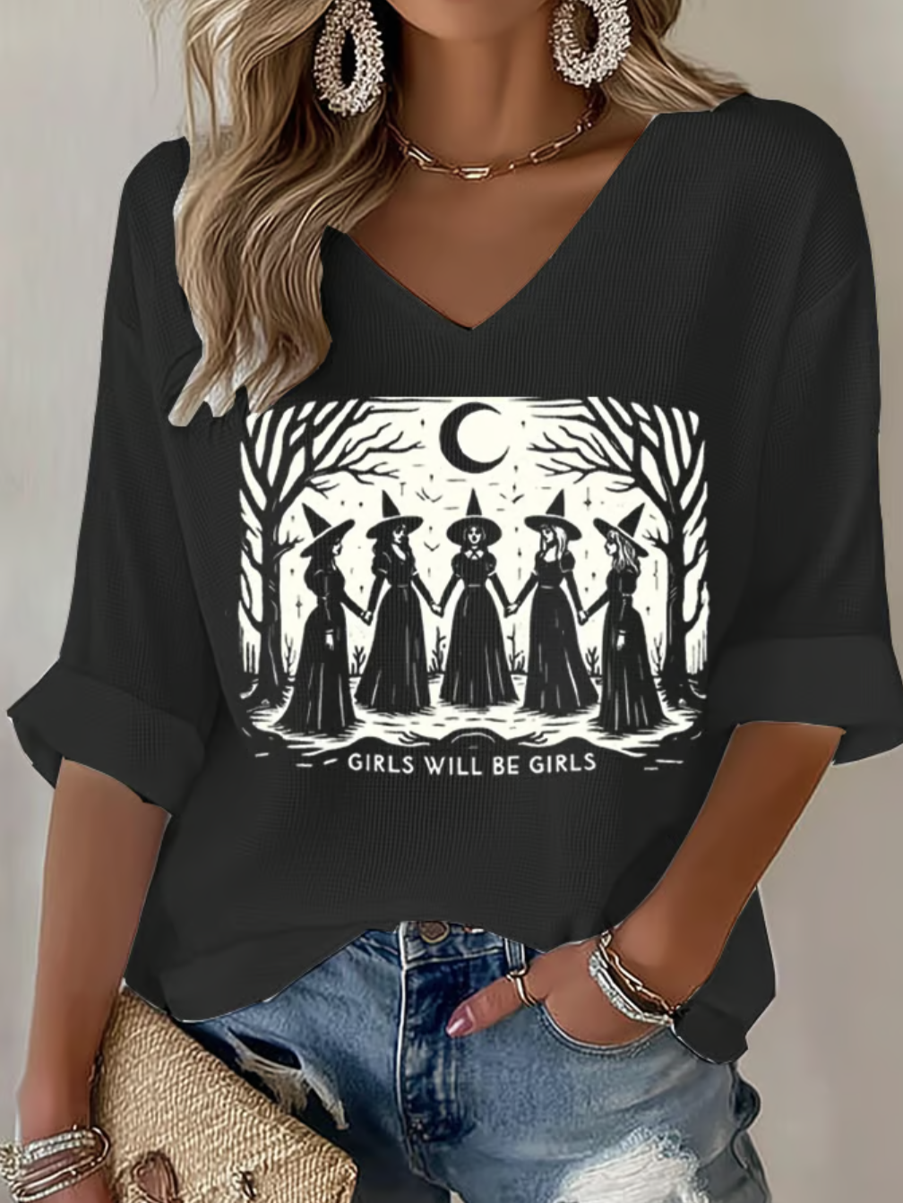 Vintage Halloween V Neck Three Quarter Sleeve T-shirt
