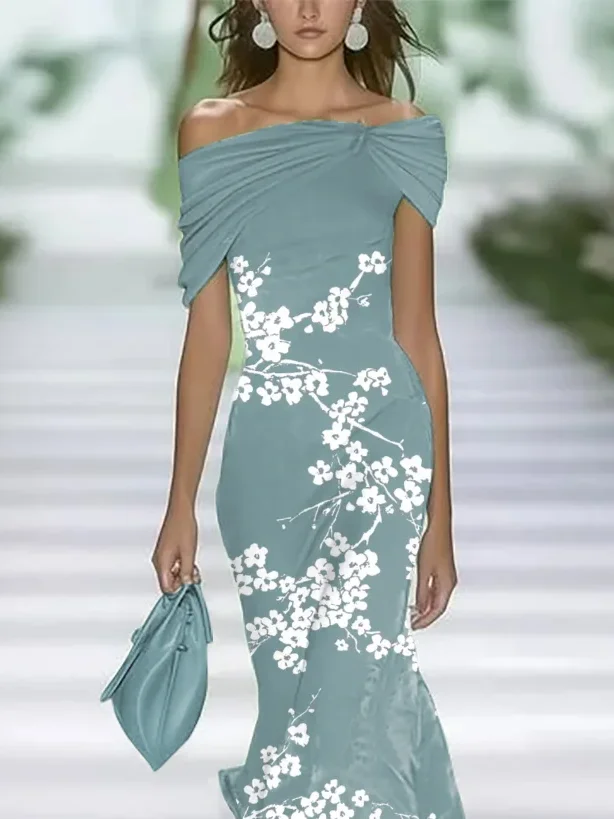 Women Floral Summer Printing Dress Cold Shoulder Cap Sleeve H-Line Dress