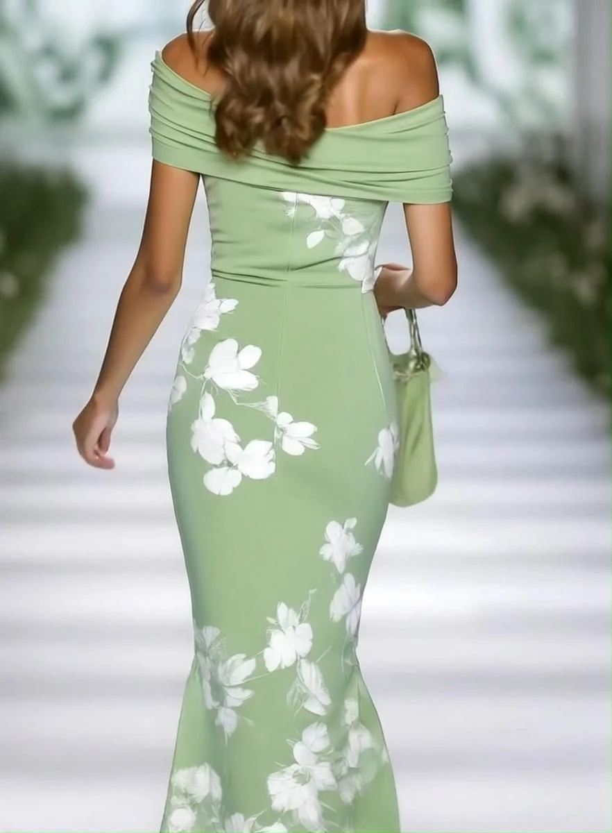 Women Floral Summer Printing Dress Cold Shoulder Cap Sleeve H-Line Dress