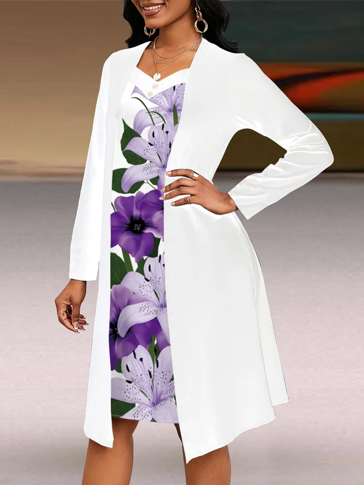 Women Floral Spring/Fall Dress V Neck Long Sleeve A-Line Dress