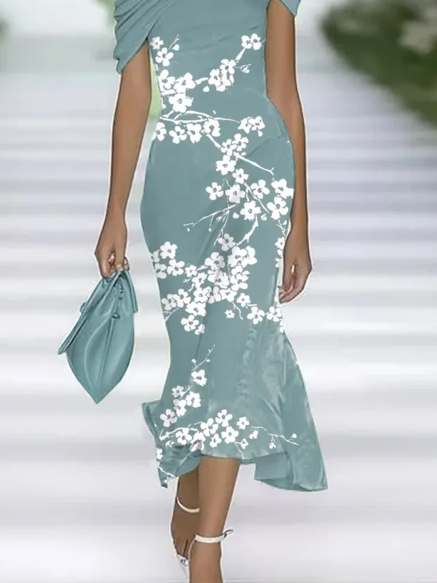 Women Floral Summer Printing Dress Cold Shoulder Cap Sleeve H-Line Dress
