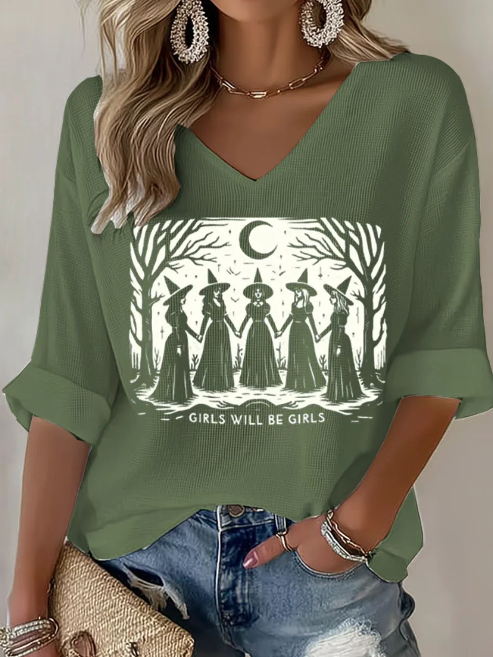 Vintage Halloween V Neck Three Quarter Sleeve T-shirt