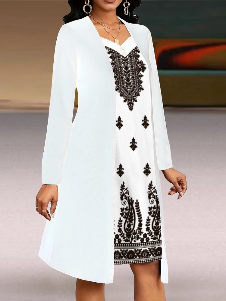 Women Geometric Spring/Fall Dress V Neck Long Sleeve A-Line Dress