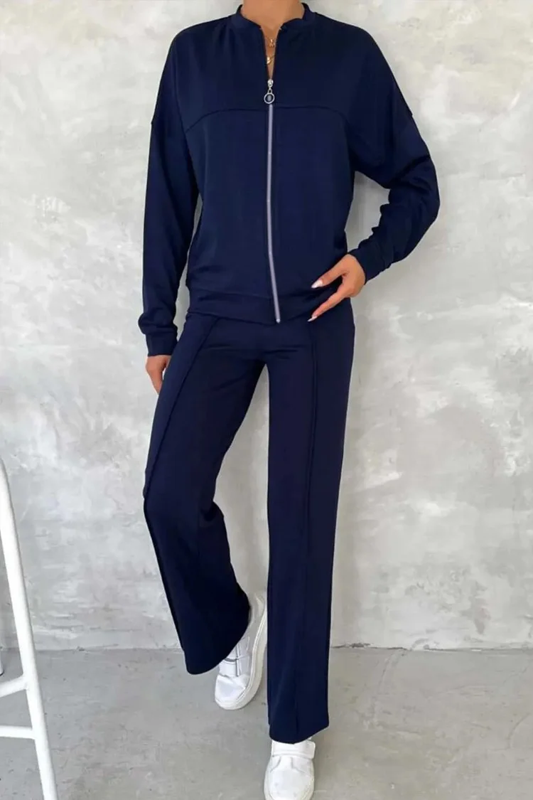 Women Plain Two-Piece Set Daily Long Sleeve Casual Spring/Fall Top With Pants Matching Set