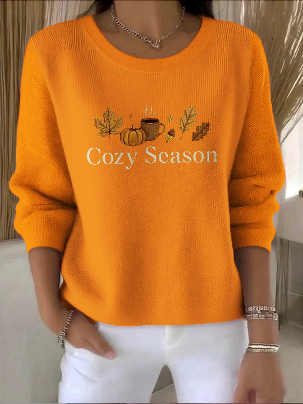 Women Cotton Plants Long Sleeve Comfy Vintage Sweater