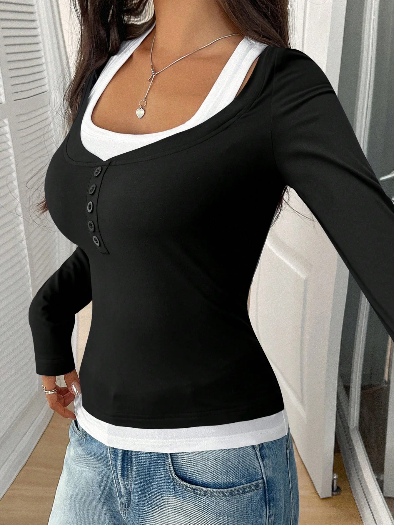 Casual Plain Square Neck Long Sleeve T-shirt