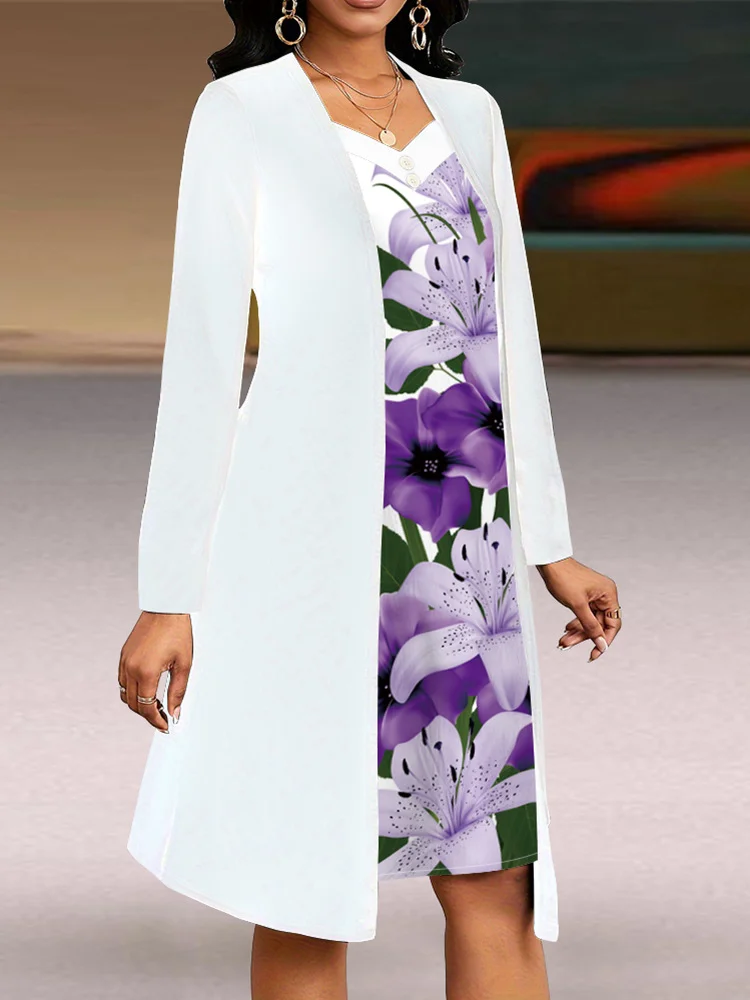 Women Floral Spring/Fall Dress V Neck Long Sleeve A-Line Dress