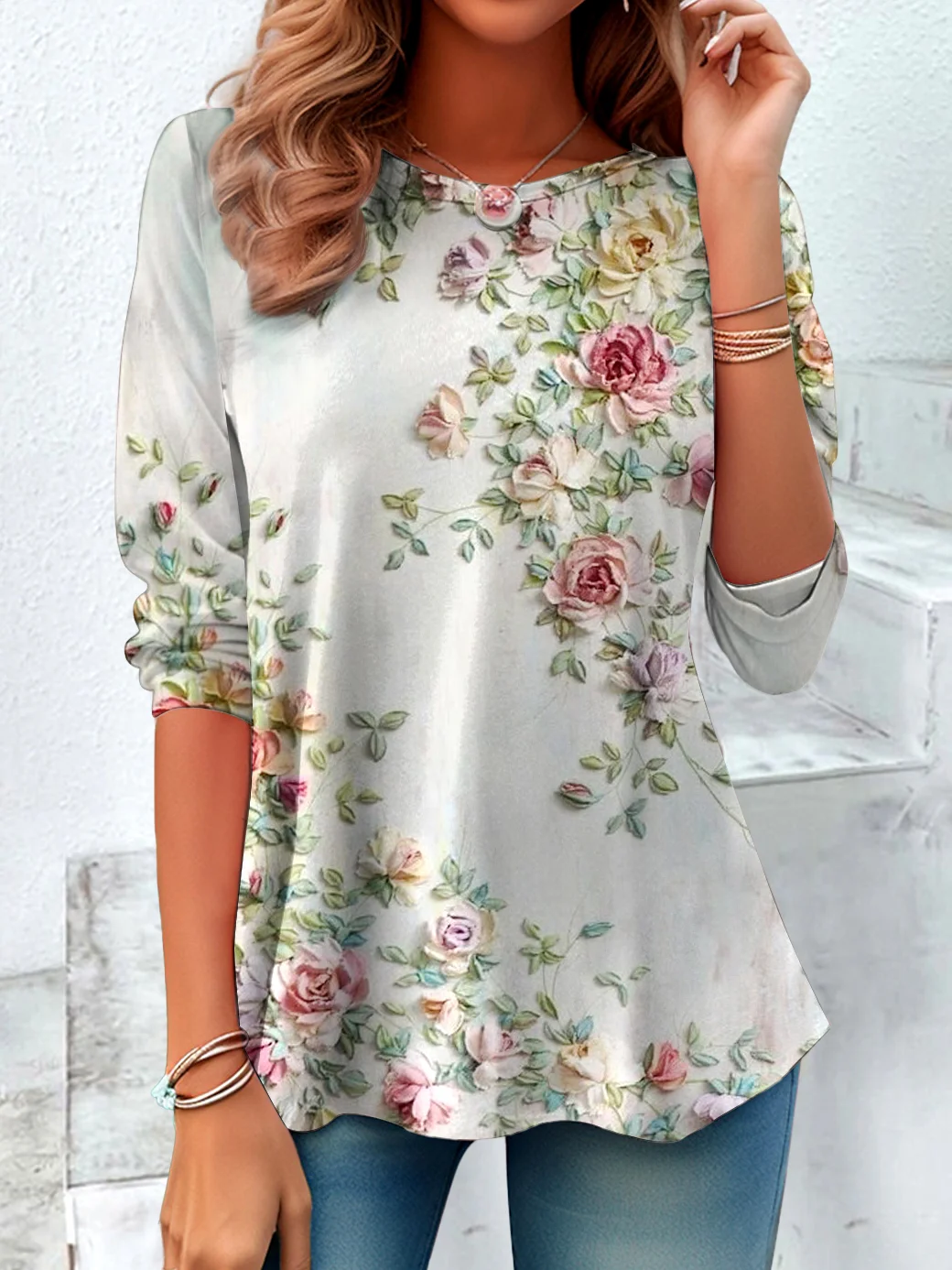 Casual Floral Crew Neck Long Sleeve T-shirt