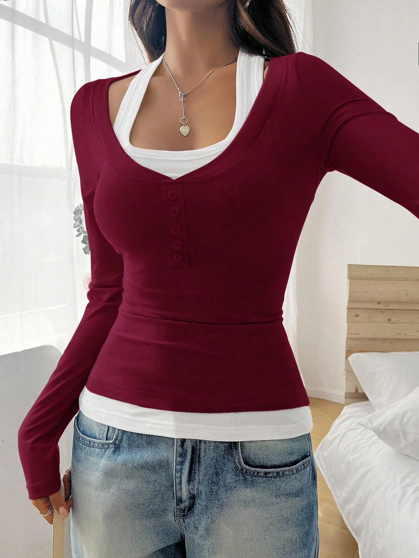 Casual Plain Square Neck Long Sleeve T-shirt