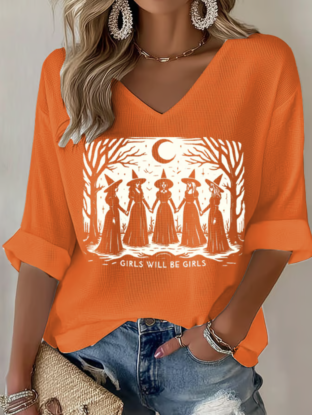 Vintage Halloween V Neck Three Quarter Sleeve T-shirt