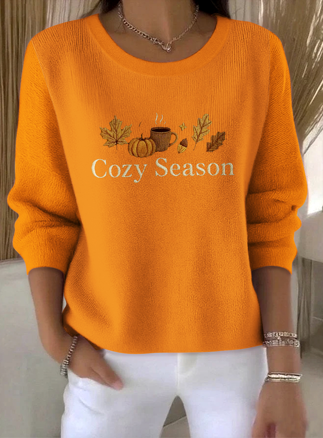 Women Cotton Plants Long Sleeve Comfy Vintage Sweater