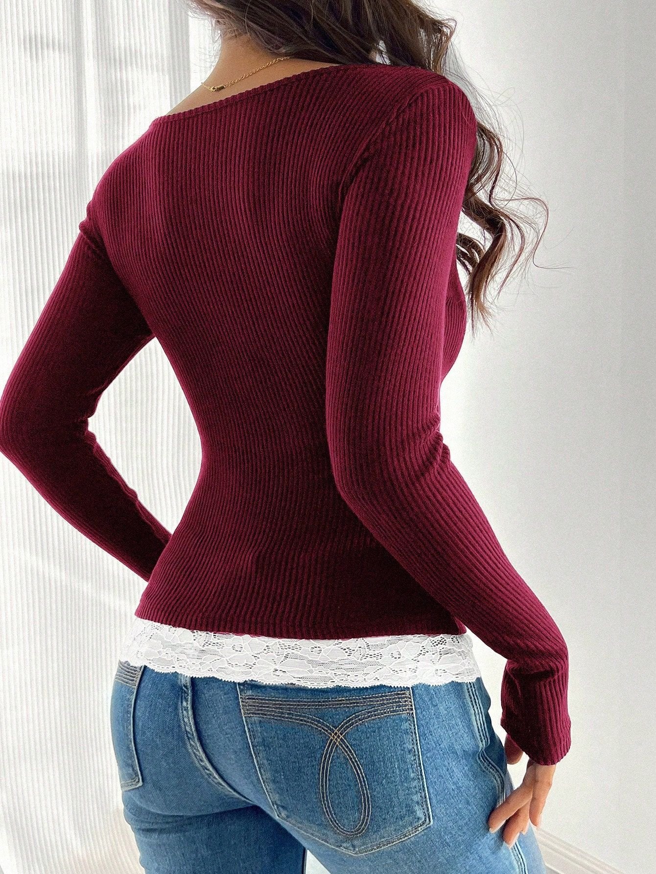 Casual Color Block Square Neck Long Sleeve T-shirt