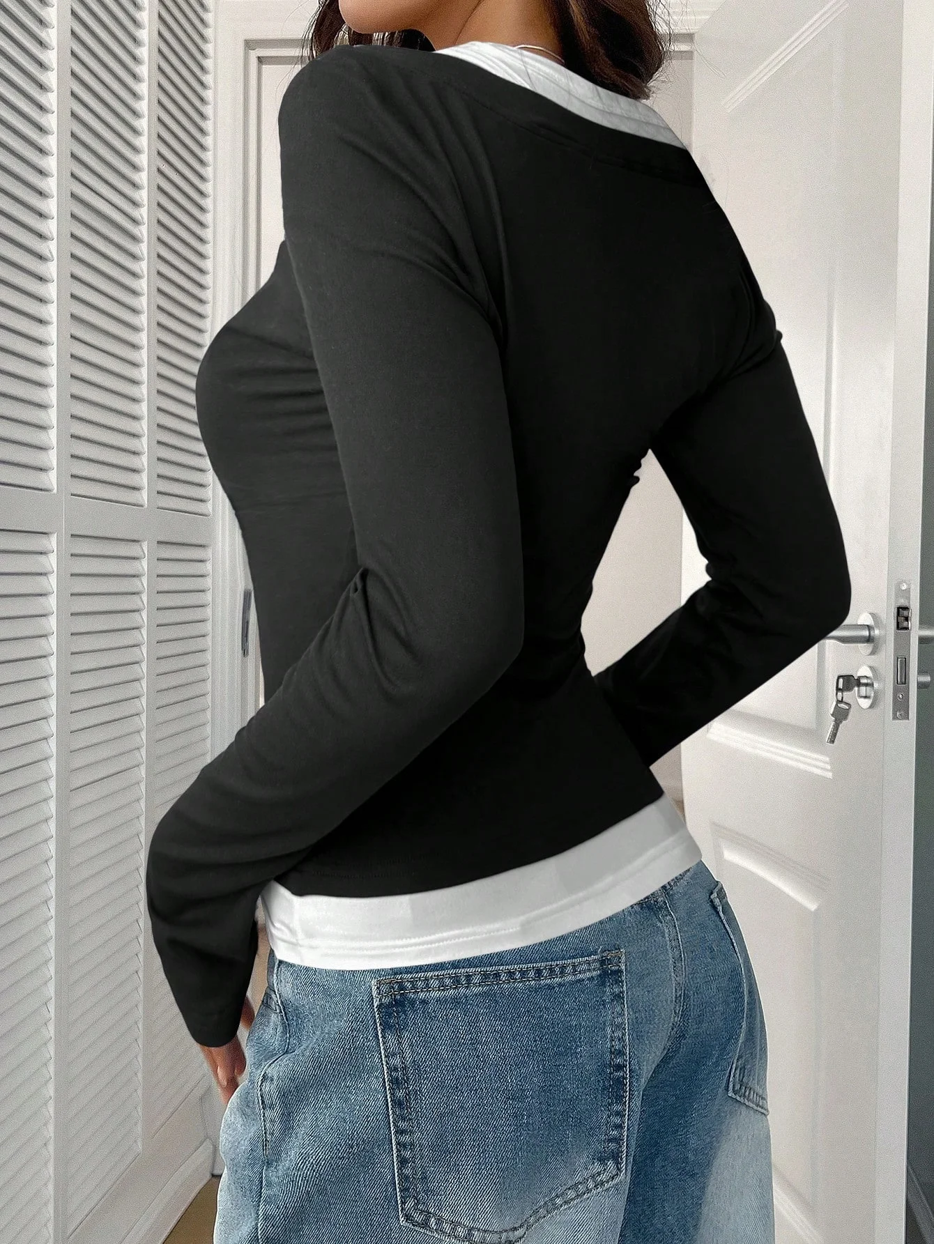 Casual Plain Square Neck Long Sleeve T-shirt
