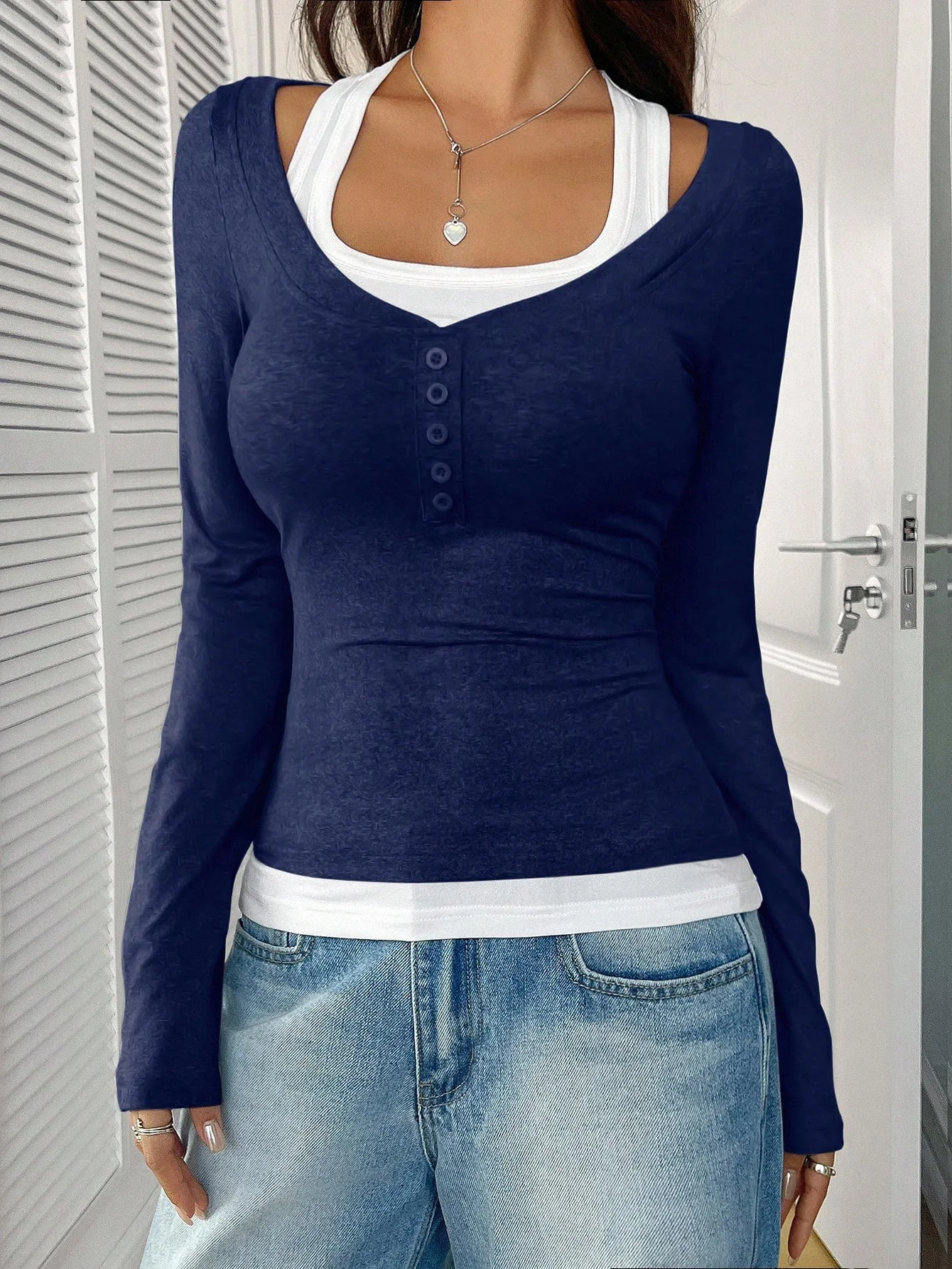 Casual Plain Square Neck Long Sleeve T-shirt