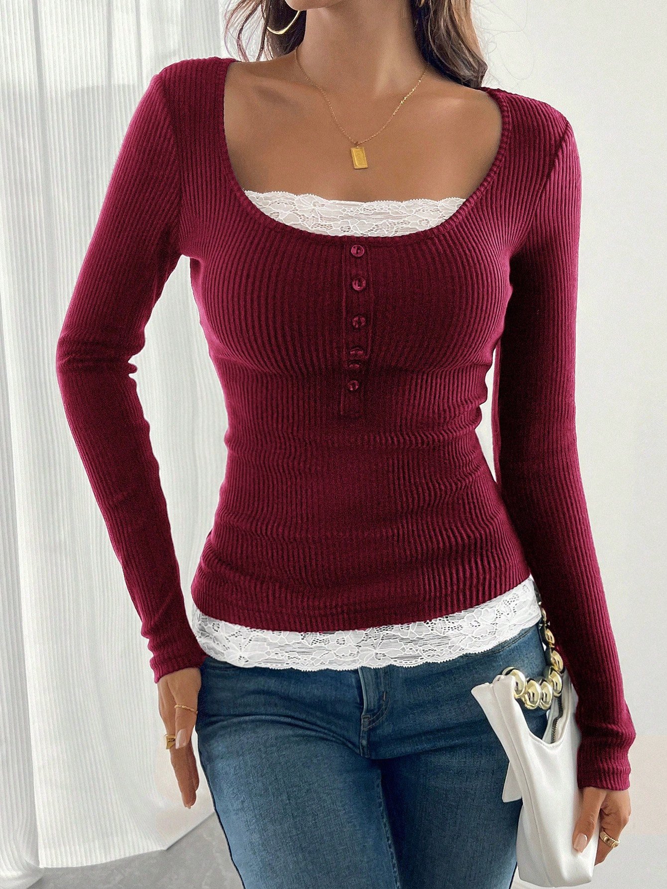 Casual Color Block Square Neck Long Sleeve T-shirt