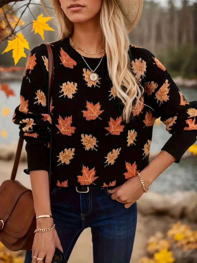 Women Maple Leaf Long Sleeve Comfy Casual Printing Sweater