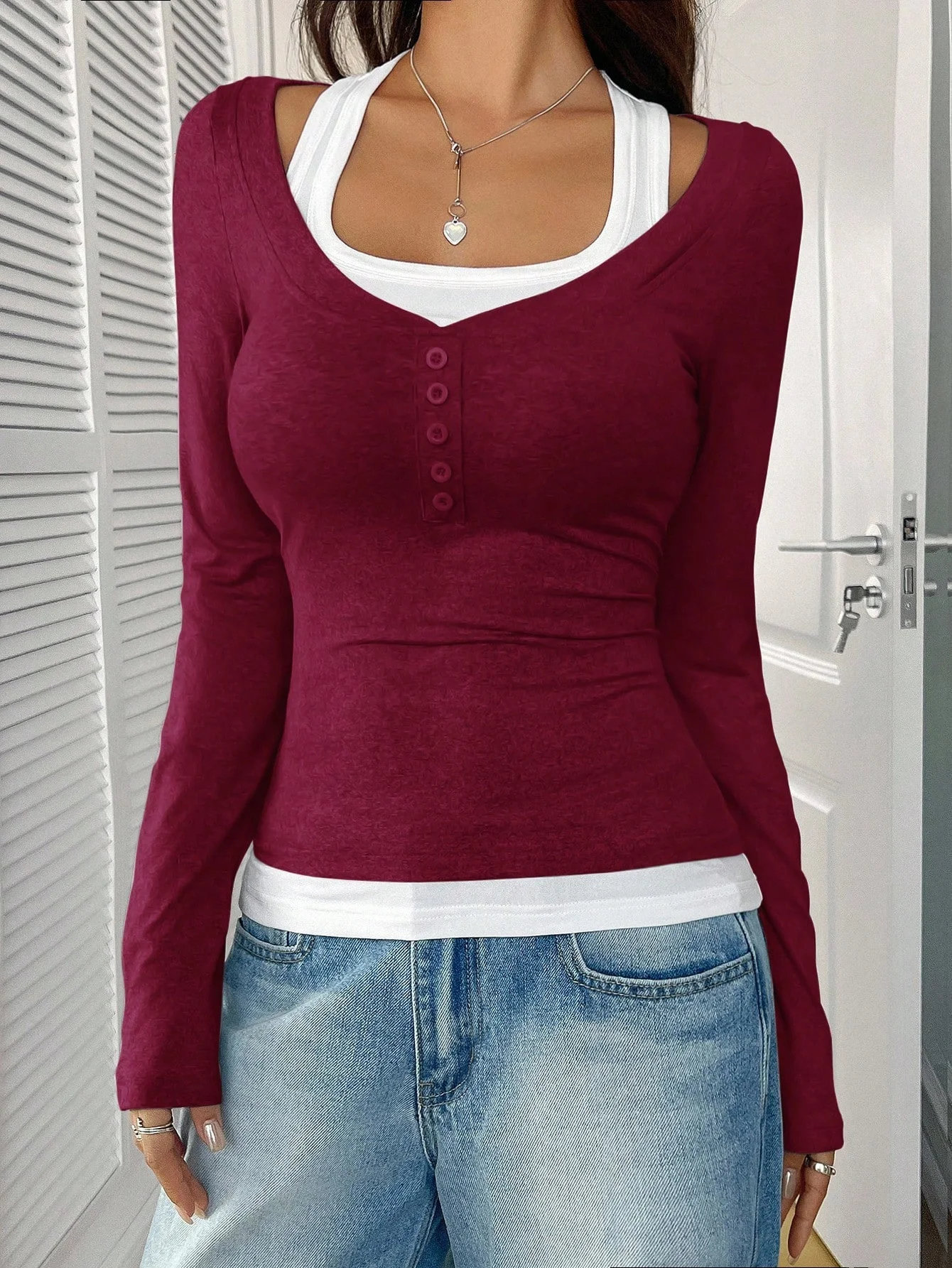 Casual Plain Square Neck Long Sleeve T-shirt