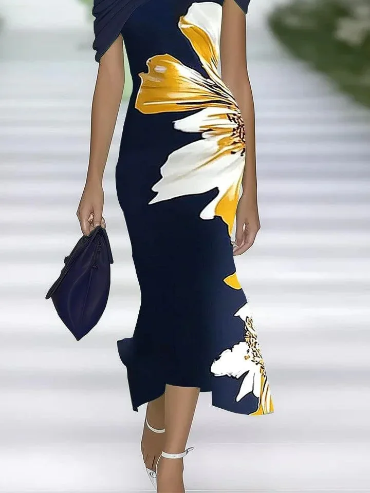 Women Floral Summer Printing Dress Cold Shoulder Cap Sleeve H-Line Dress