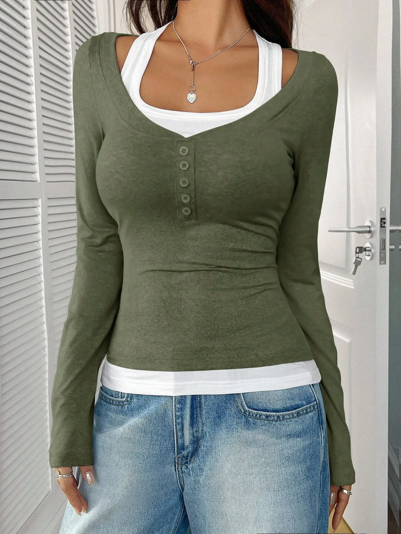 Casual Plain Square Neck Long Sleeve T-shirt