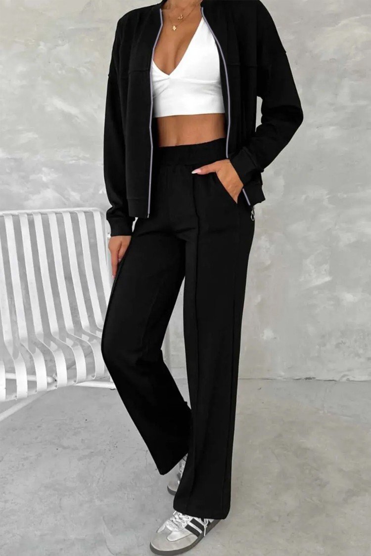 Women Plain Two-Piece Set Daily Long Sleeve Casual Spring/Fall Top With Pants Matching Set