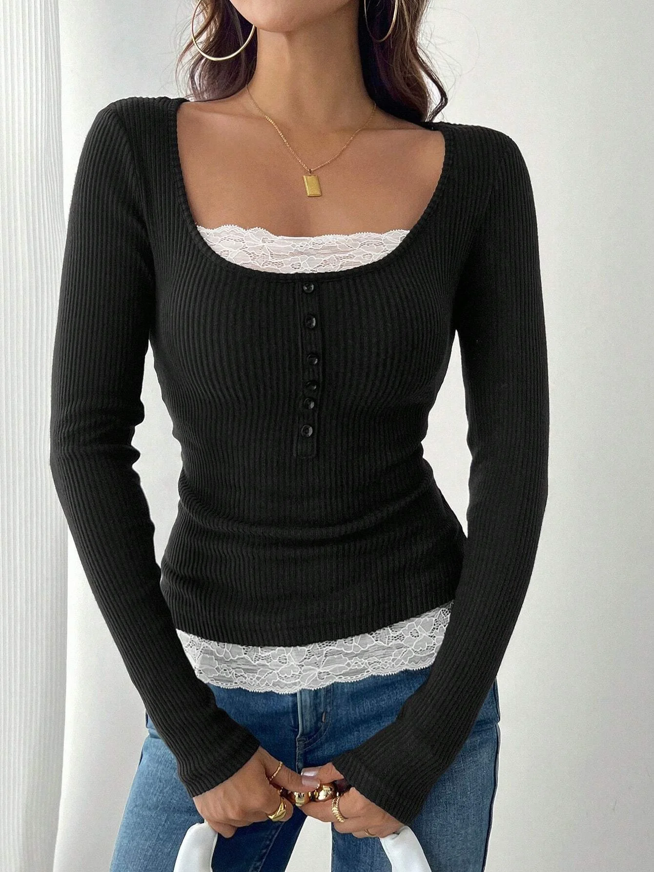 Casual Color Block Square Neck Long Sleeve T-shirt
