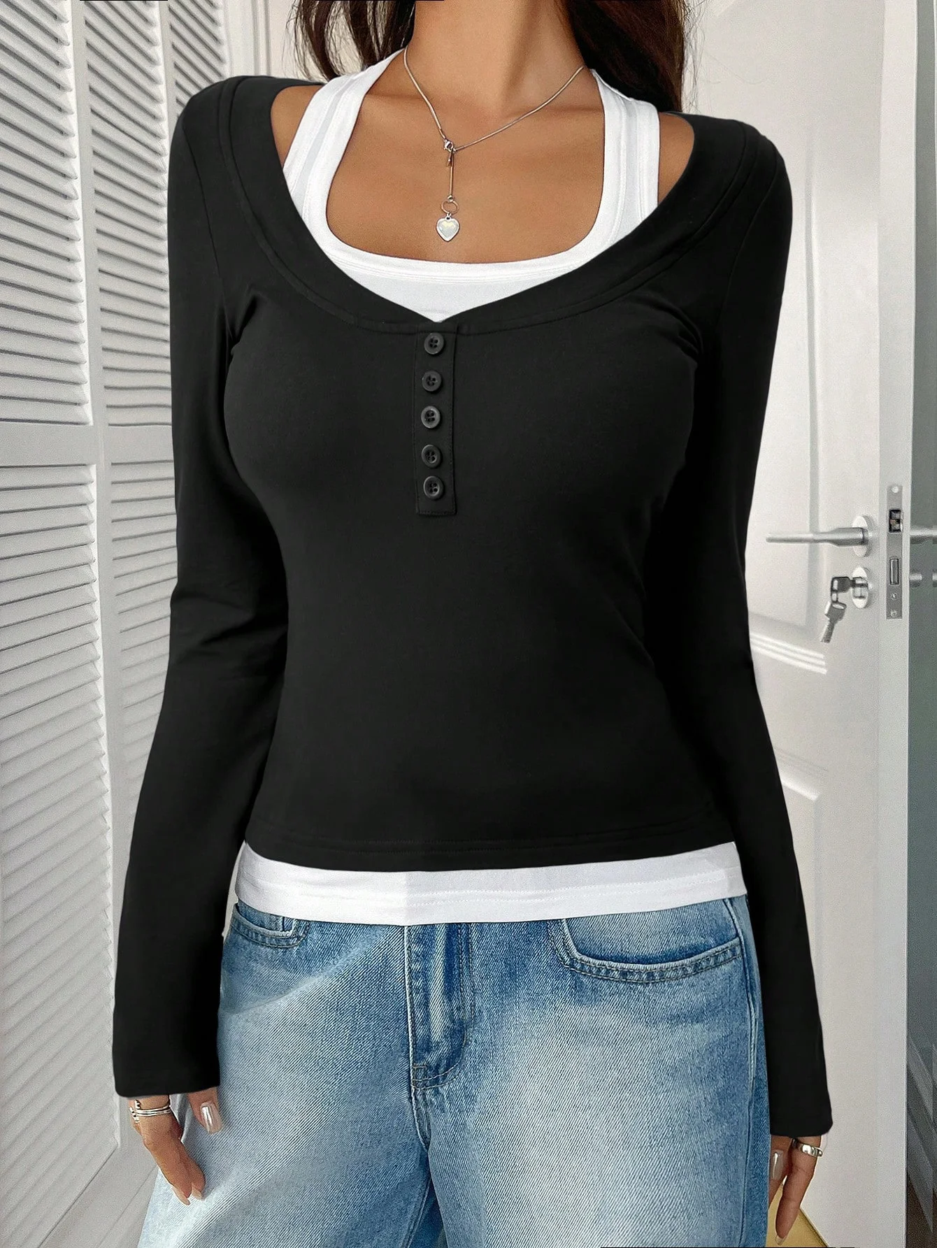 Casual Plain Square Neck Long Sleeve T-shirt