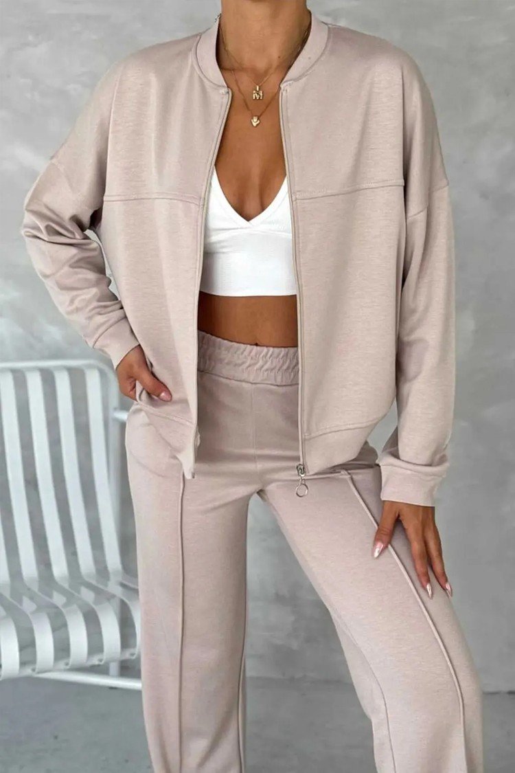 Women Plain Two-Piece Set Daily Long Sleeve Casual Spring/Fall Top With Pants Matching Set