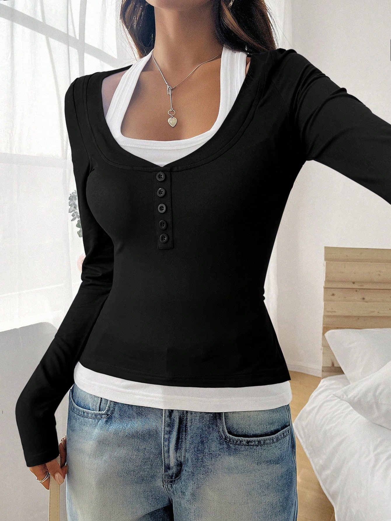 Casual Plain Square Neck Long Sleeve T-shirt