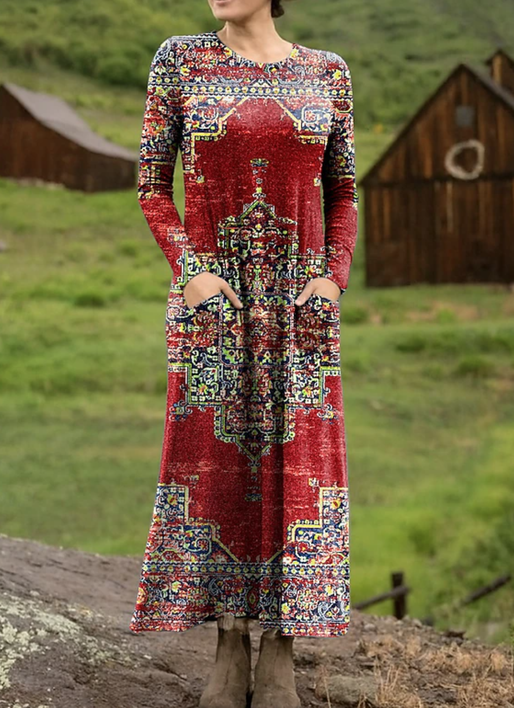 Women Ethnic Spring/Fall Dress V Neck Long Sleeve T-Shirt Dress A-Line Dress