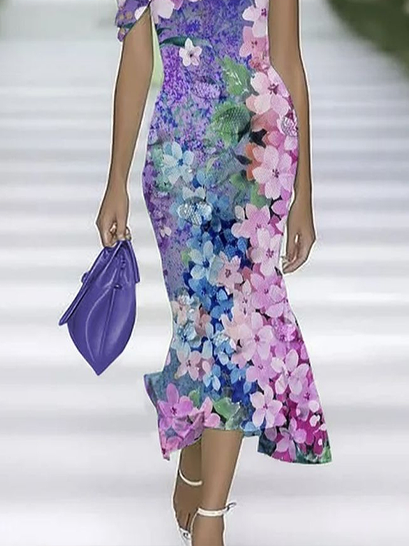 Women Floral Summer Printing Dress Cold Shoulder Cap Sleeve H-Line Dress