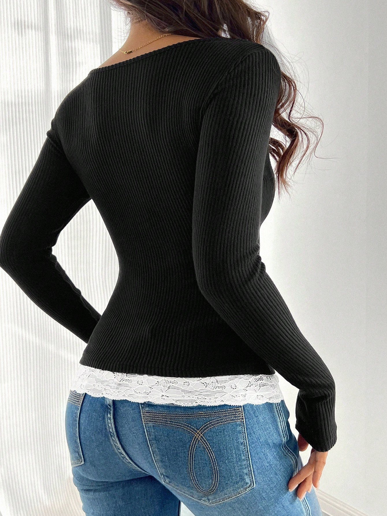 Casual Color Block Square Neck Long Sleeve T-shirt