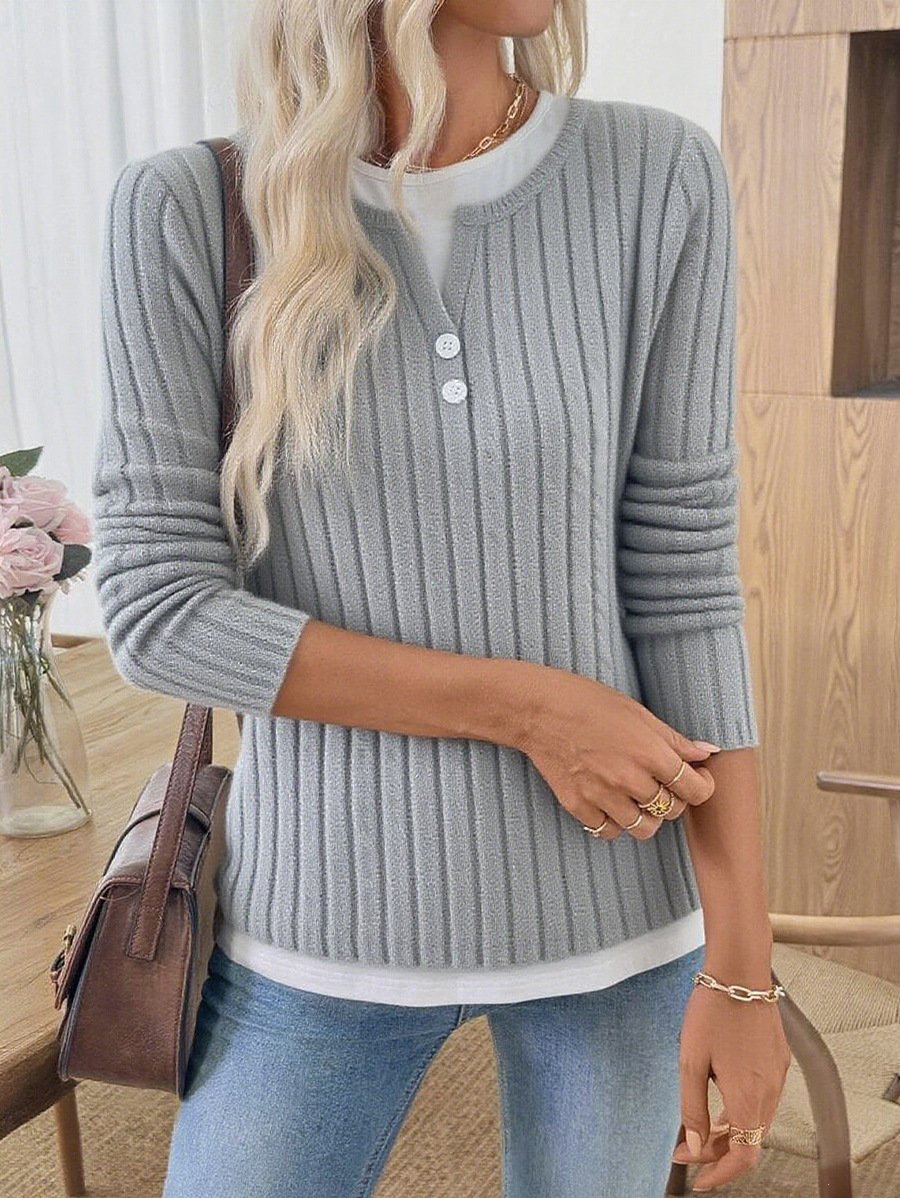 Casual Plain V Neck Long Sleeve T-shirt