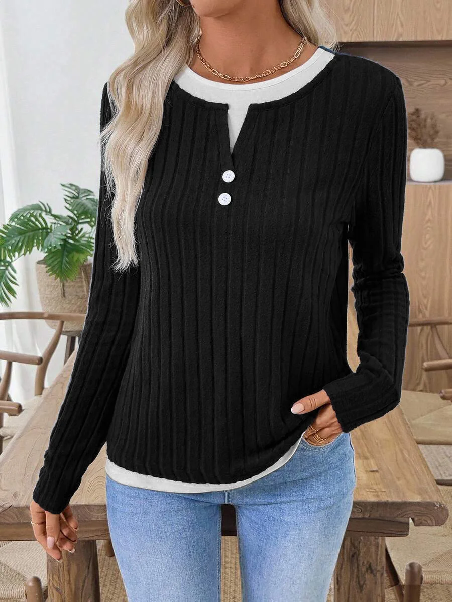 Casual Plain V Neck Long Sleeve T-shirt