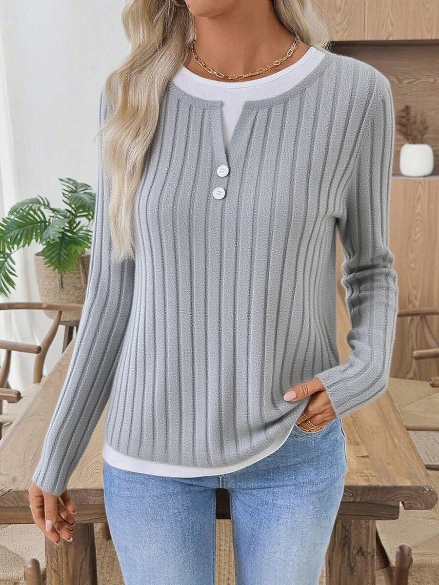 Casual Plain V Neck Long Sleeve T-shirt