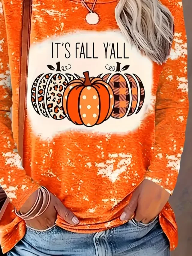 Casual Halloween (pumpkin) Crew Neck Long Sleeve T-shirt