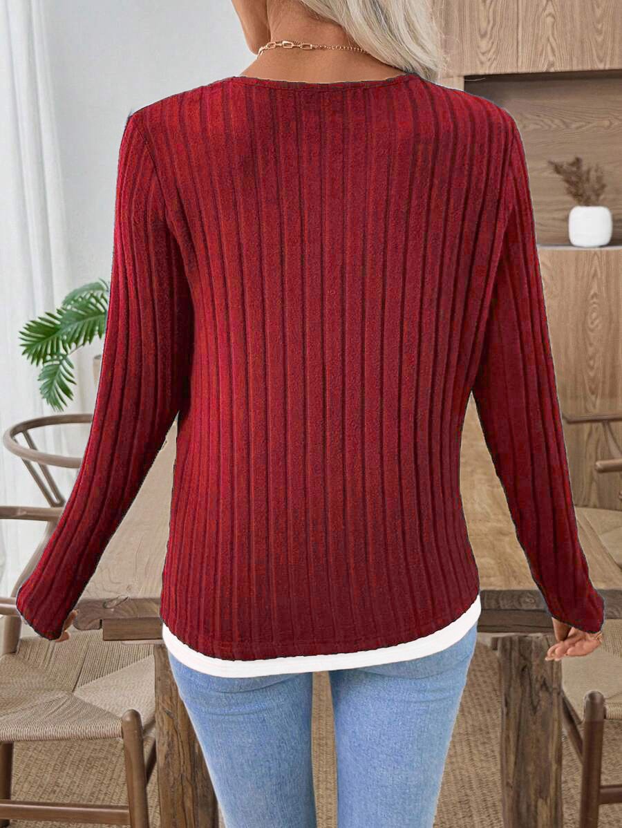Casual Plain V Neck Long Sleeve T-shirt