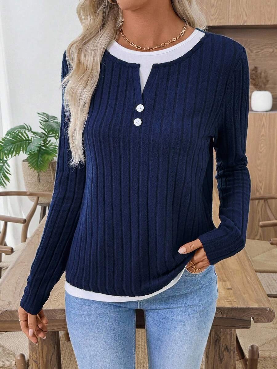 Casual Plain V Neck Long Sleeve T-shirt