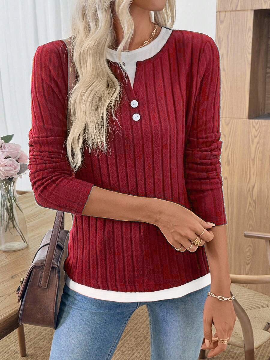 Casual Plain V Neck Long Sleeve T-shirt