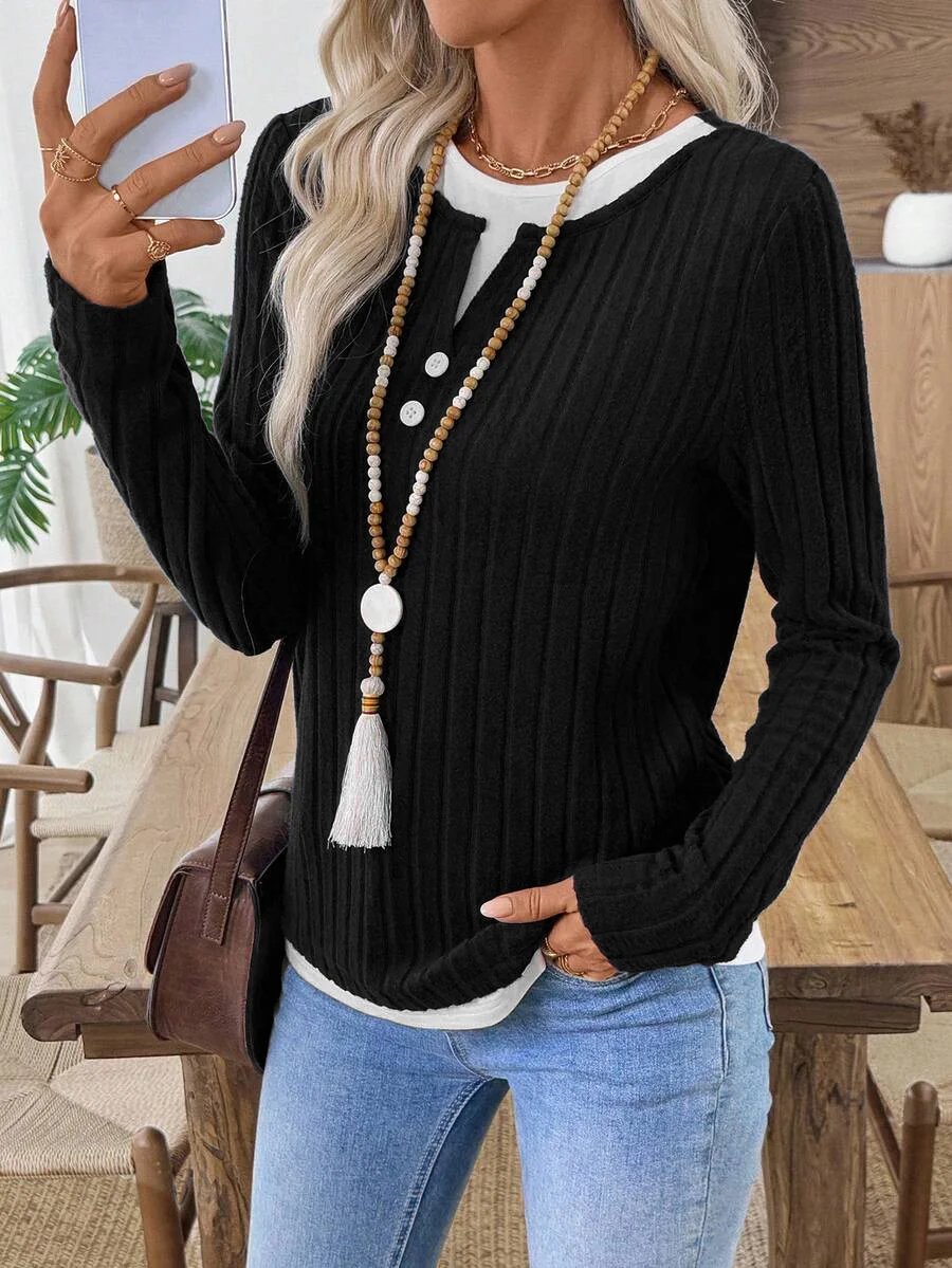 Casual Plain V Neck Long Sleeve T-shirt