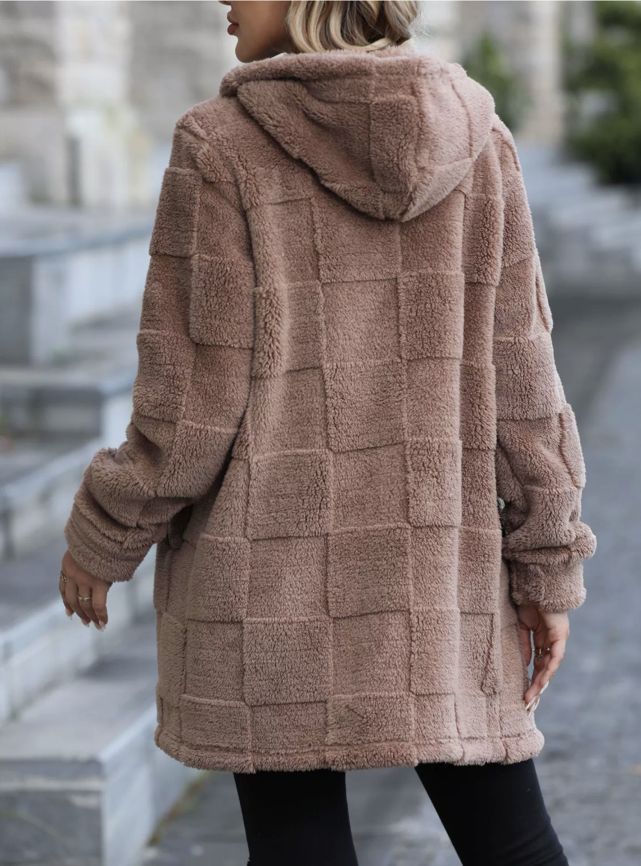 Women Spring/Fall Outerwear Casual Plain Teddy Fleece Hoodie Jacket