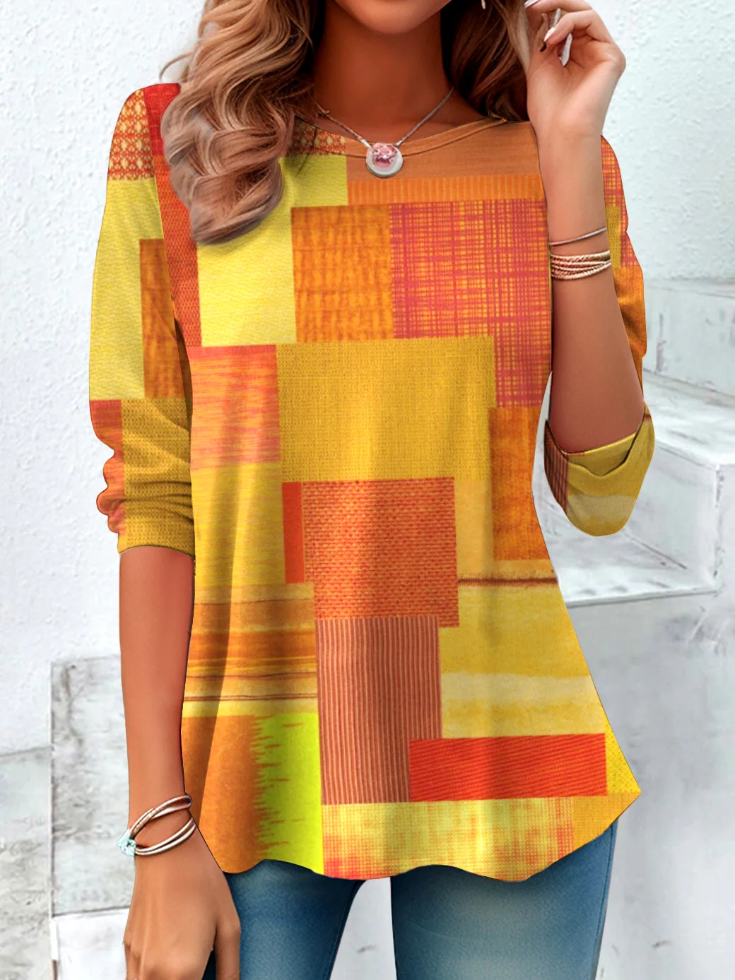 Casual Geometric Crew Neck Long Sleeve T-shirt