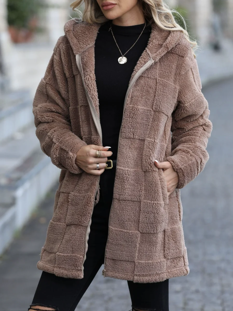 Women Spring/Fall Outerwear Casual Plain Teddy Fleece Hoodie Jacket