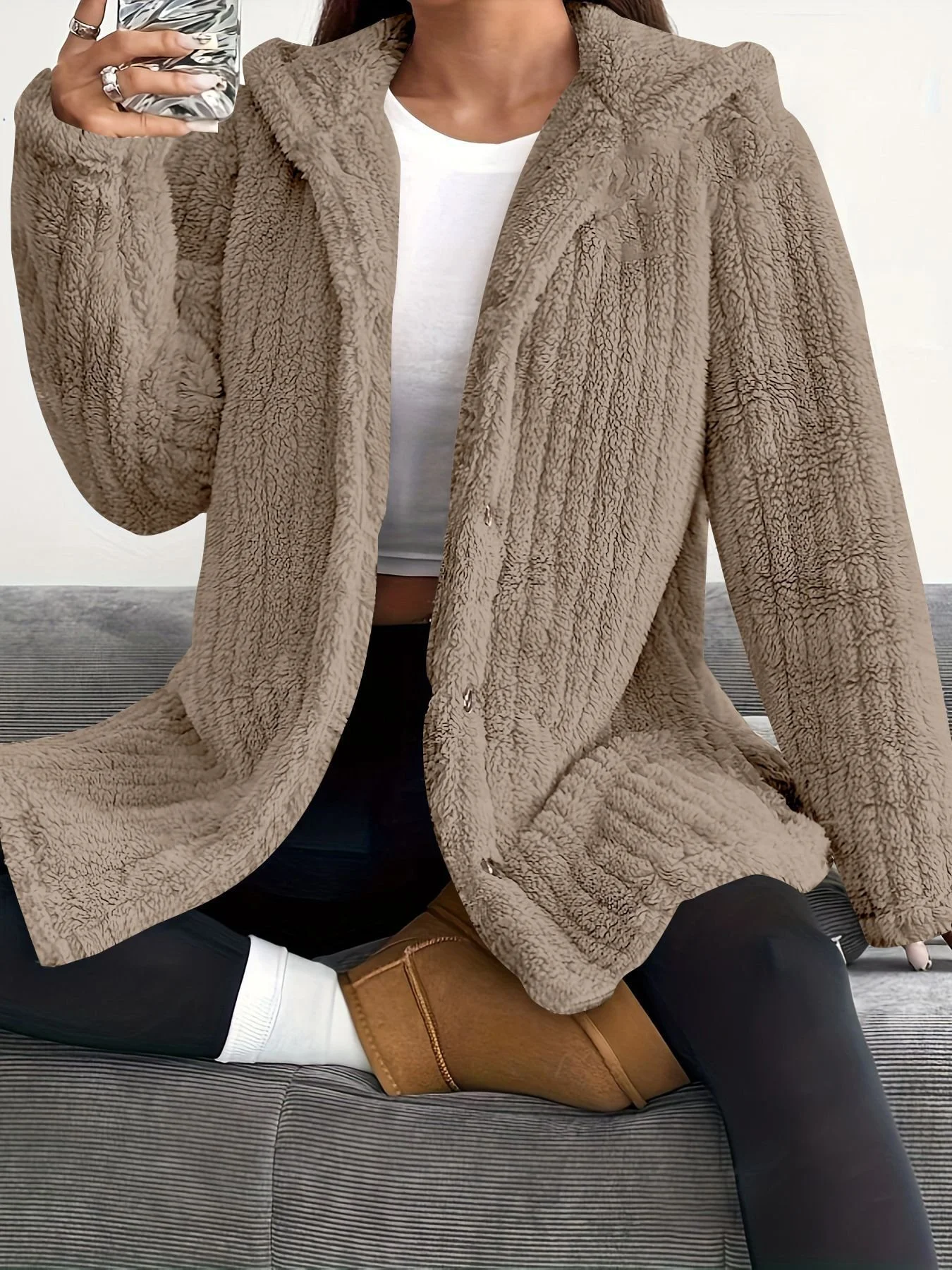 Women Spring/Fall Outerwear Casual Plain Long Sleeve Teddy Fleece Hoodie Jacket