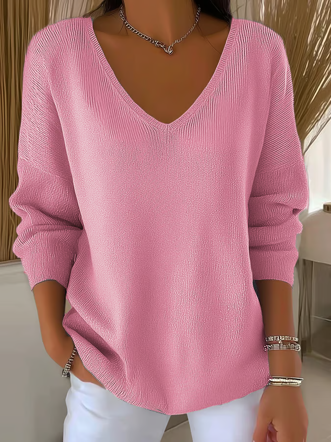 Casual Plain V Neck Long Sleeve T-shirt