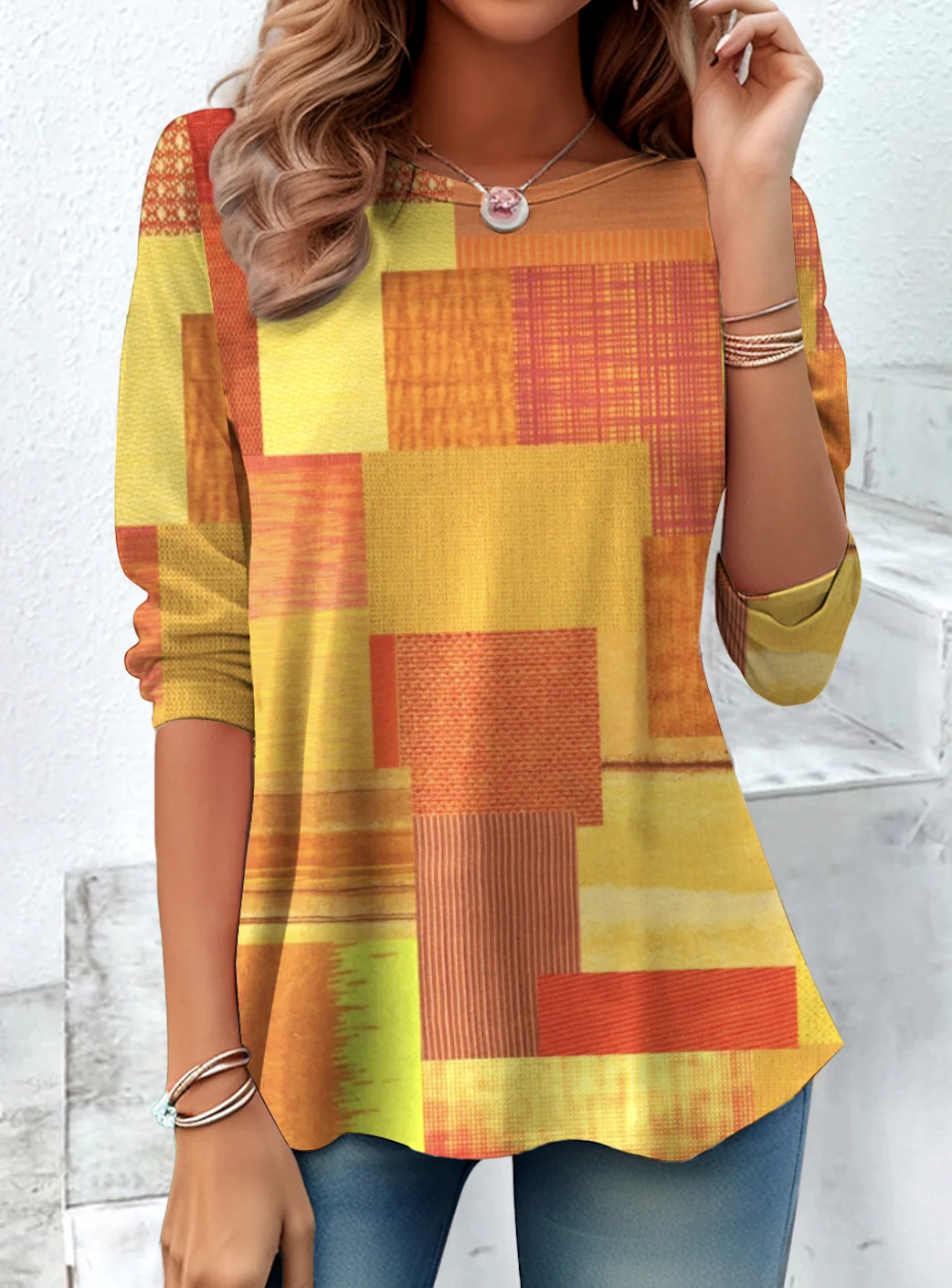 Casual Geometric Crew Neck Long Sleeve T-shirt