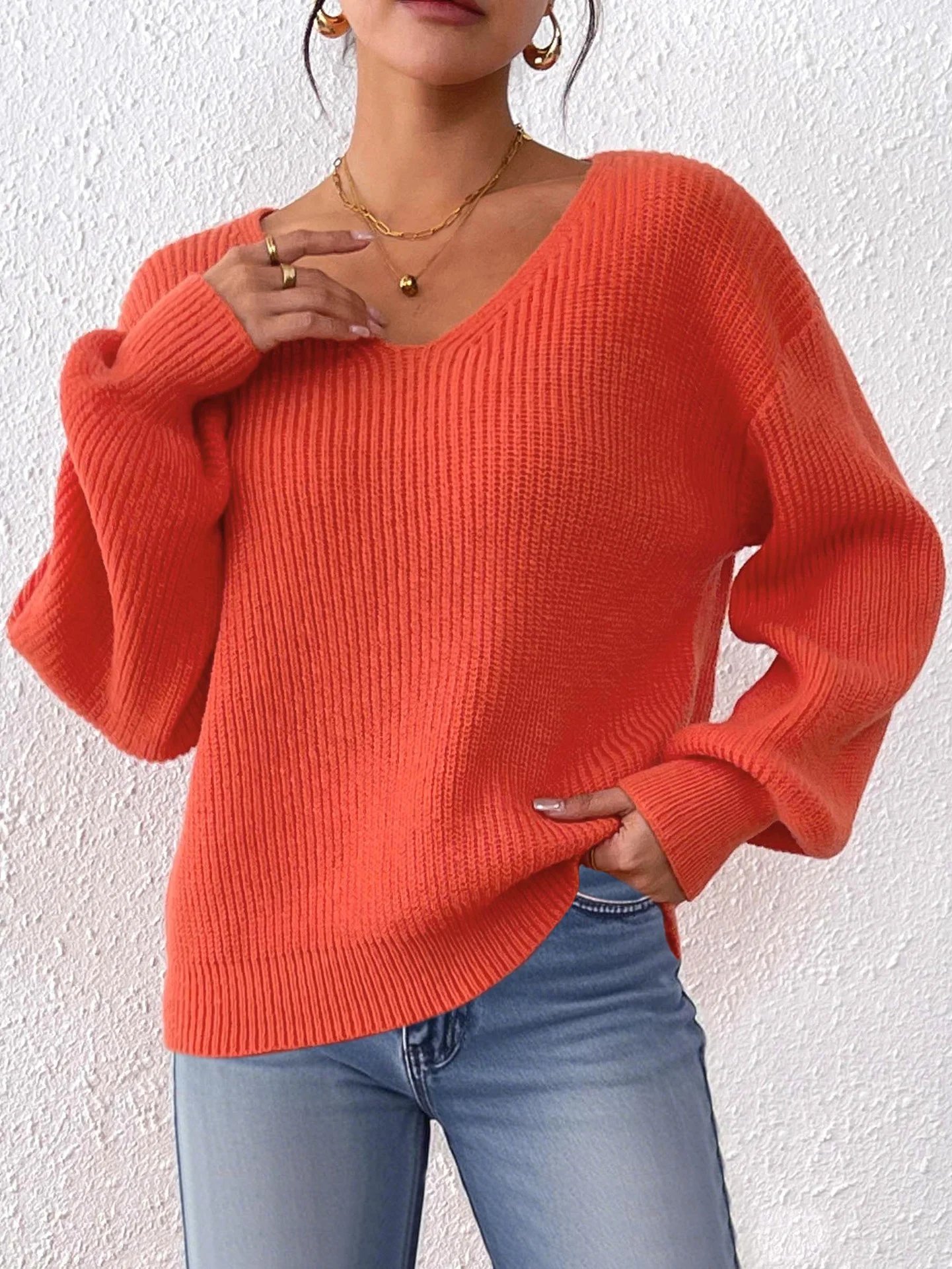 Women Cotton Plain Long Sleeve Comfy Casual Sweater