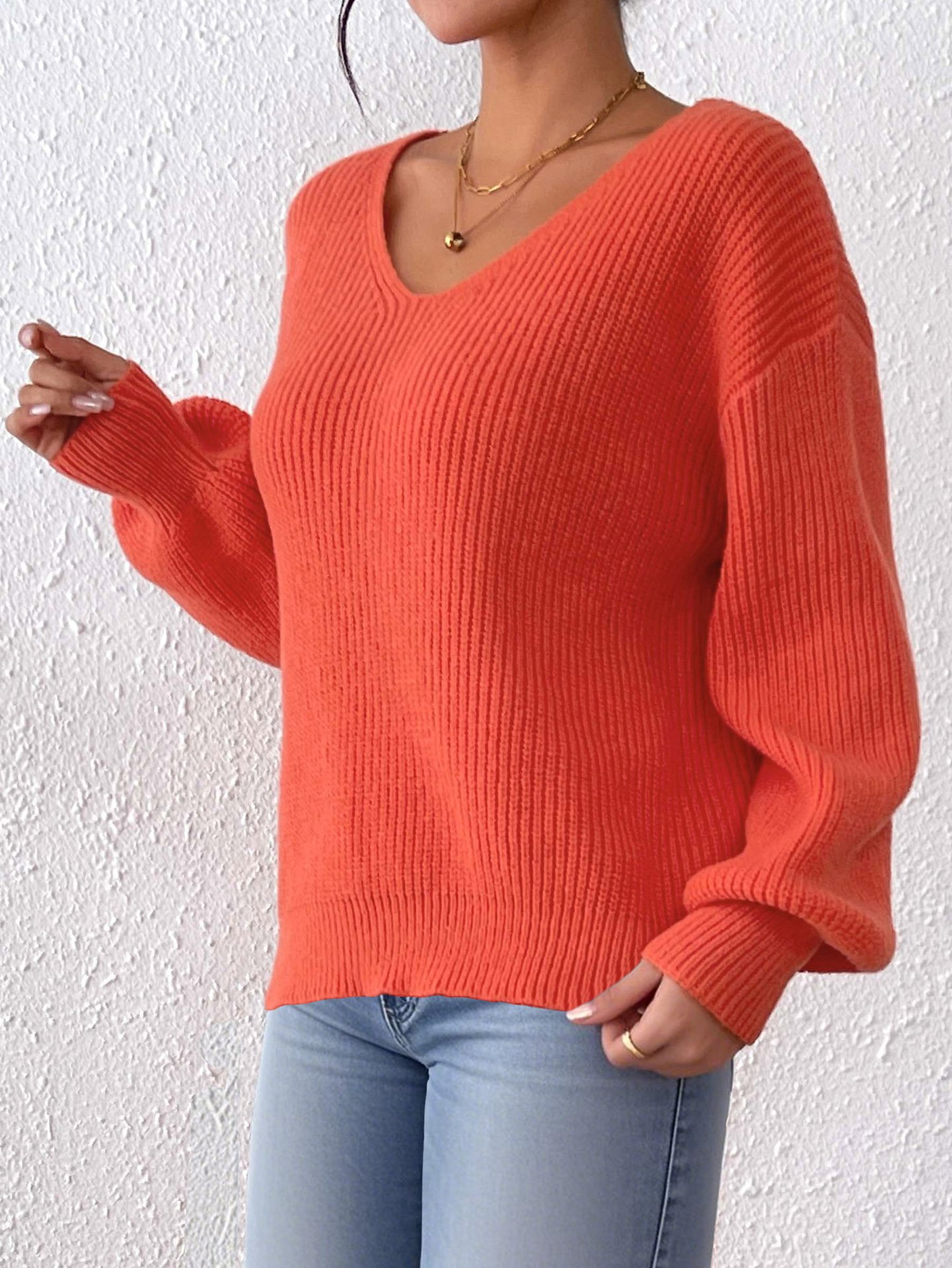 Women Cotton Plain Long Sleeve Comfy Casual Sweater