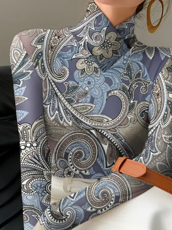 Long Sleeve Paisley Printing Regular Micro-Elasticity Regular Fit Blouse For Women