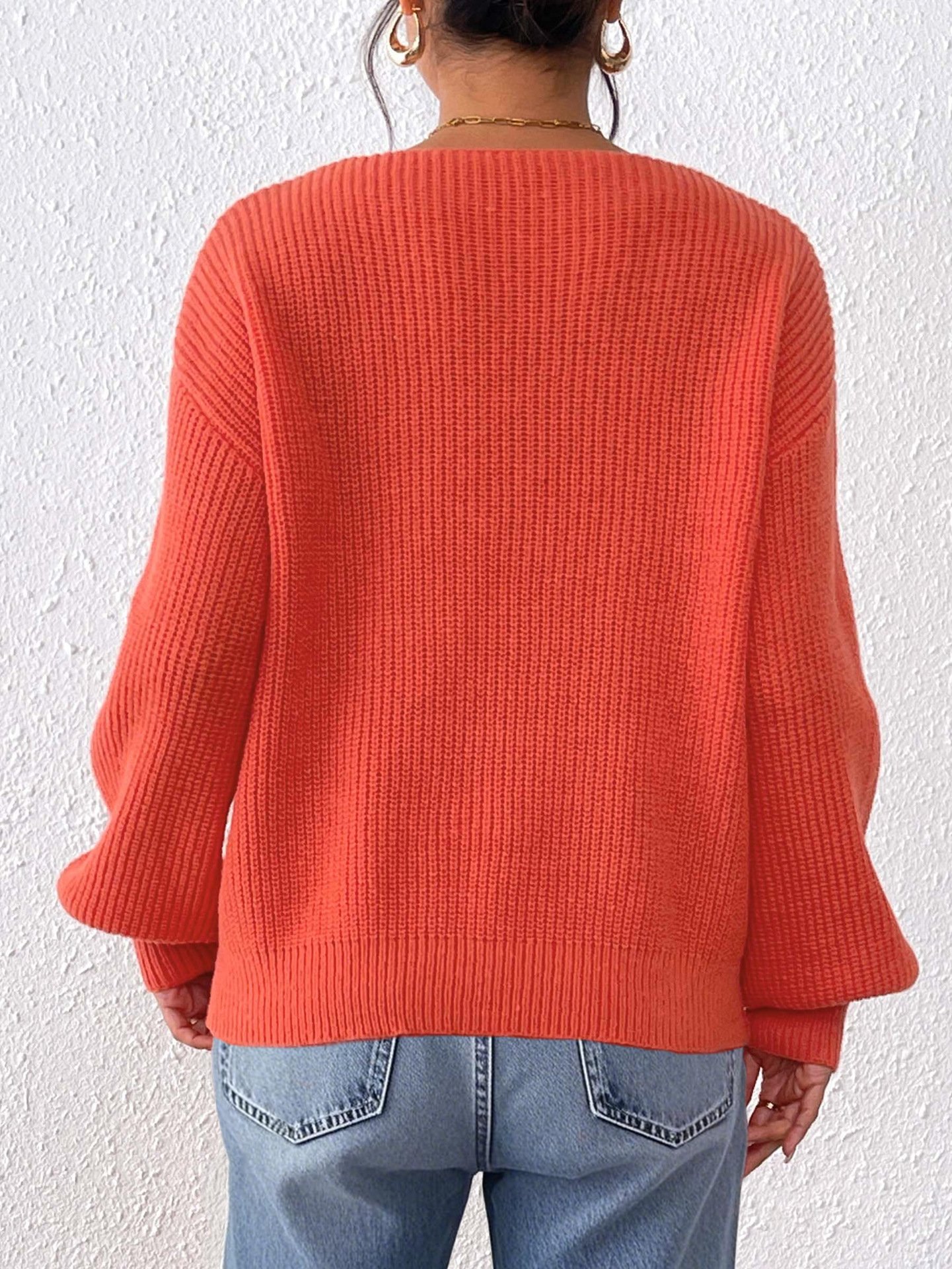 Women Cotton Plain Long Sleeve Comfy Casual Sweater