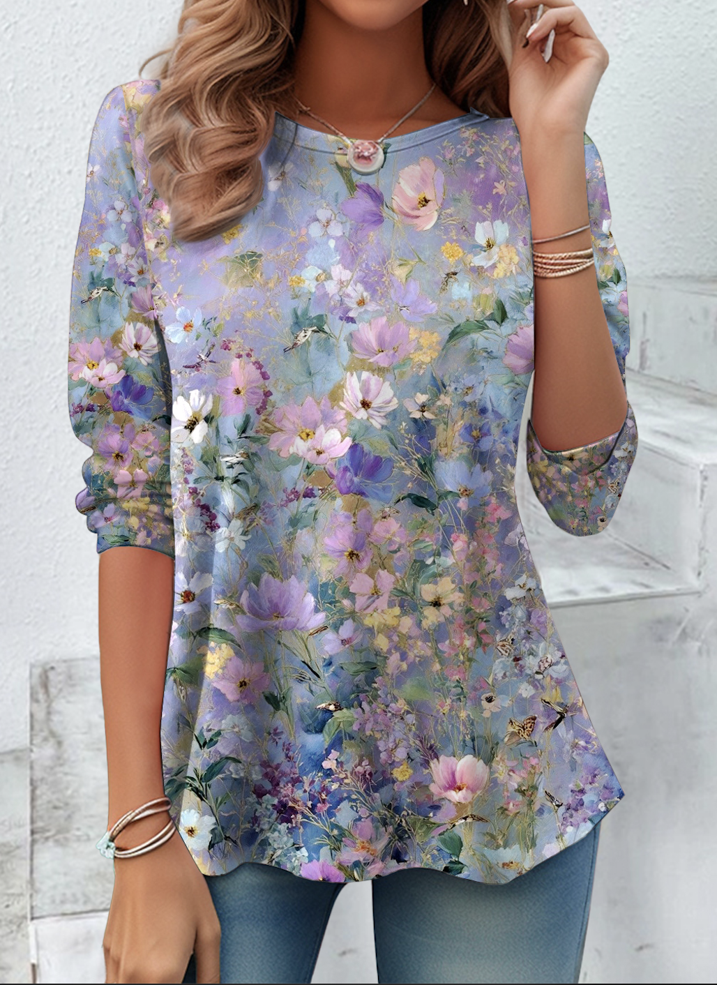 Casual Floral Crew Neck Long Sleeve T-shirt